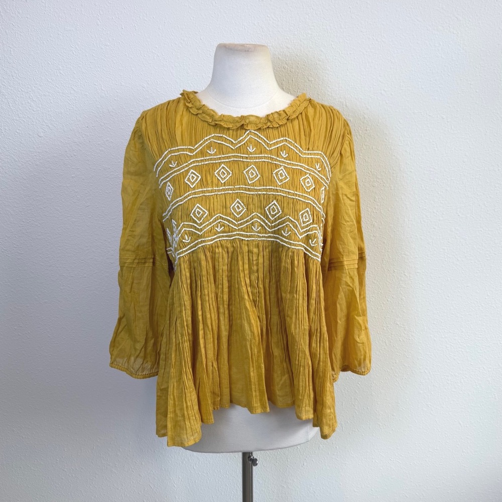Anthropologie Meadow Rue Yellow Beaded Blouse Womens Medium Coquette Flowy